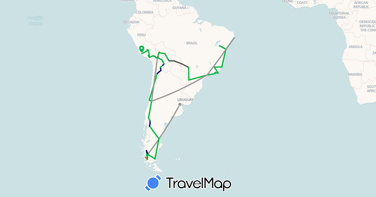 TravelMap itinerary: driving, bus, plane, cycling, hiking, motorbike in Argentina, Bolivia, Brazil, Chile, Peru (South America)